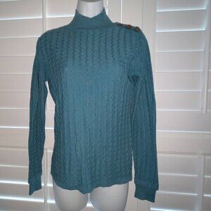 Prana Long Sleeve Mock Turtleneck Shoulder Button Zig Zag Knit Teal Sweater Top